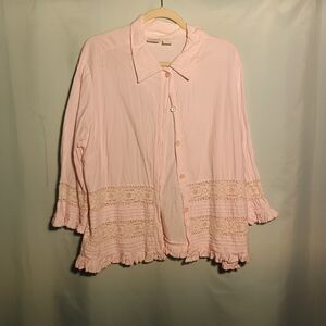 Vintage-Inspired Pink Button-Down Blouse with Crochet Lace Trim